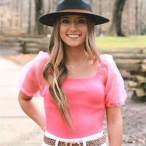 Pink Bodysuit with Puff Sleeves and Square Neckline